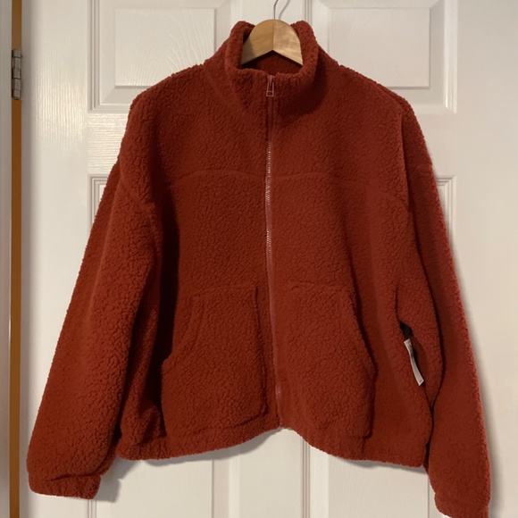 New Old Navy Sherpa fleece zip up funnel neck rust burnt orange size XS - Picture 2 of 12
